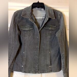 Chico's Platinum Charcoal Jean Jacket 90s Friends‎ Rachel Rhinestones Size 1
